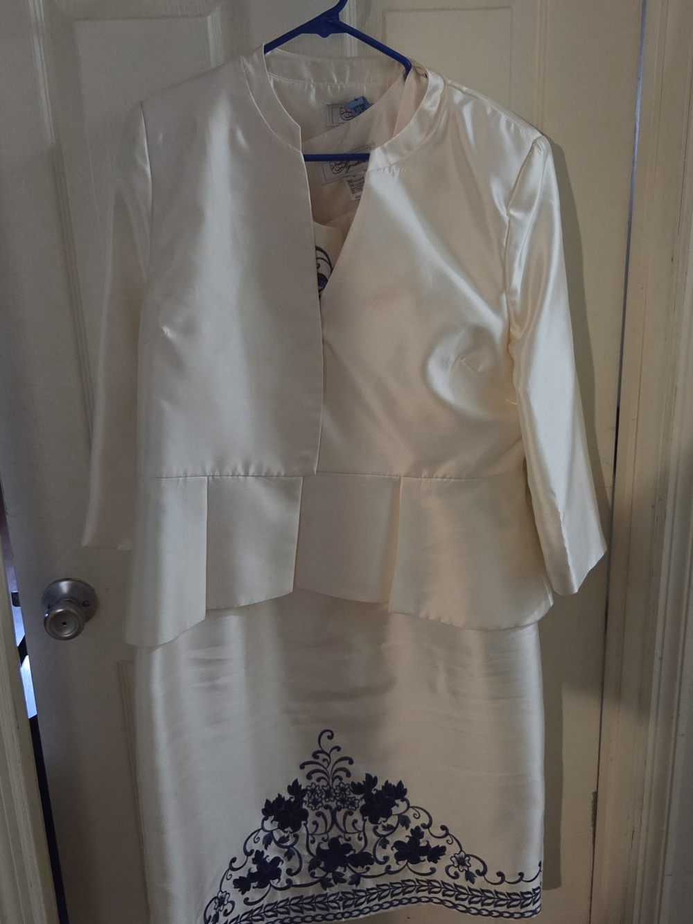 Cream Satin Two-Piece Dress Set with Navy Embroidered Skirt